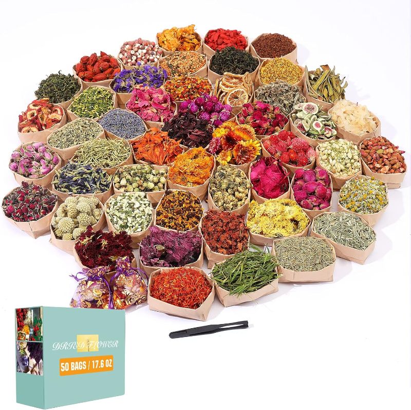 Photo 1 of                                                                                                                SACATR Dried Flowers, 50 Bags 100% Natural Dried Herbs Kit for Soap Making, Candle, Resin Jewelry Making, Bath, Nail - Include Rose Petals, Rose