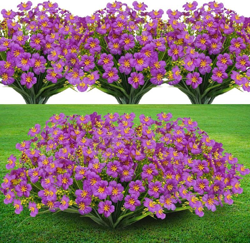 Photo 1 of 8 Pcs UV Resistant Outdoor Artificial Flowers, Faux Plastic Flowers Artificial Fake Flowers Plants for Outdoor Home Garden Porch Window Box Pots Outdoor Decorations(Purple)