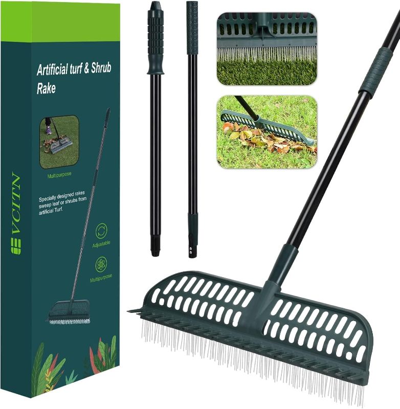Photo 1 of Artificial Turf Rake, 43 to 63" Long Pole Turf rake - 18" Wide Garden Hand Rake for Lawn, Synthetic Grass, Carpet, Shrub, Remove Leaves, Debris, Pet Hairs (Dark Green)
