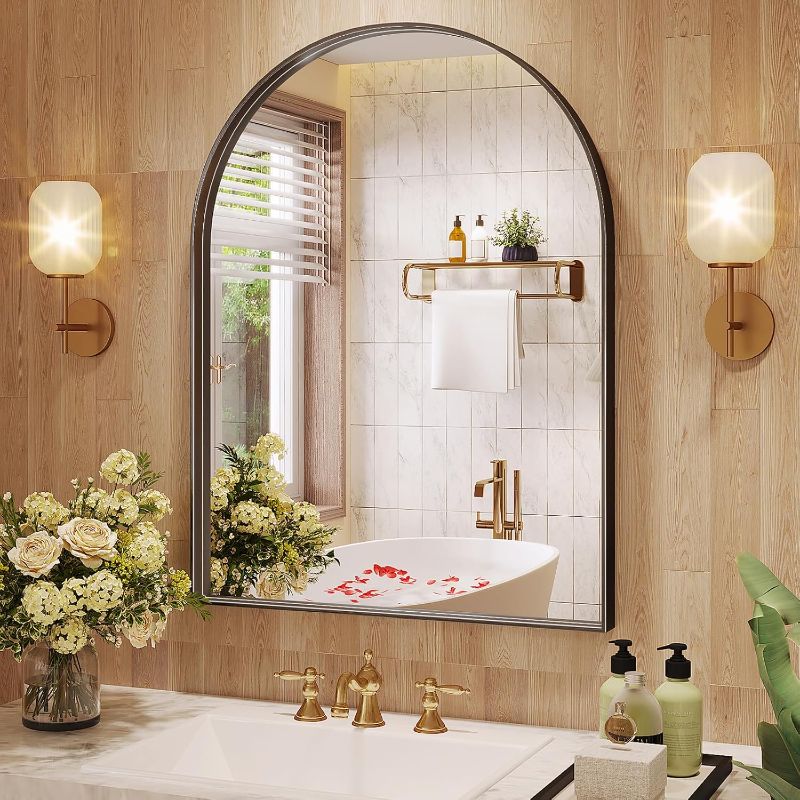 Photo 1 of Arch Mirror, 24 x 32 Inch Black Arch Mirror for Bathroom, Arched Wall Mirror, Aluminum Alloy Frame Black Bathroom Vanity Mirror for Living Room Bedroom Entryway Mantel Hallways Decor