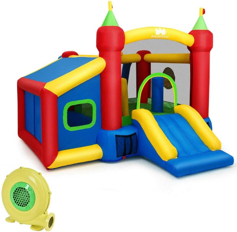 Photo 1 of WATERJOY Inflatable Bounce House with 480 Blower, Kids Slide Jumping Castle Inflatable Bouncer with Basketball Rim Jumping Area Football Playing Area for Children Indoor Outdoor Play
