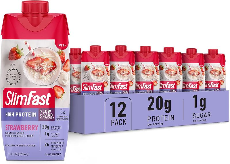 Photo 1 of BB 04.04.25 SlimFast Protein Shake, Strawberry- 20g Protein, Meal Replacement Shake Ready to Drink, High Protein with Low Carb and Low Sugar, 24 Vitamins and Minerals, 11 Fl Oz (Pack of 12) BB 04.04.25