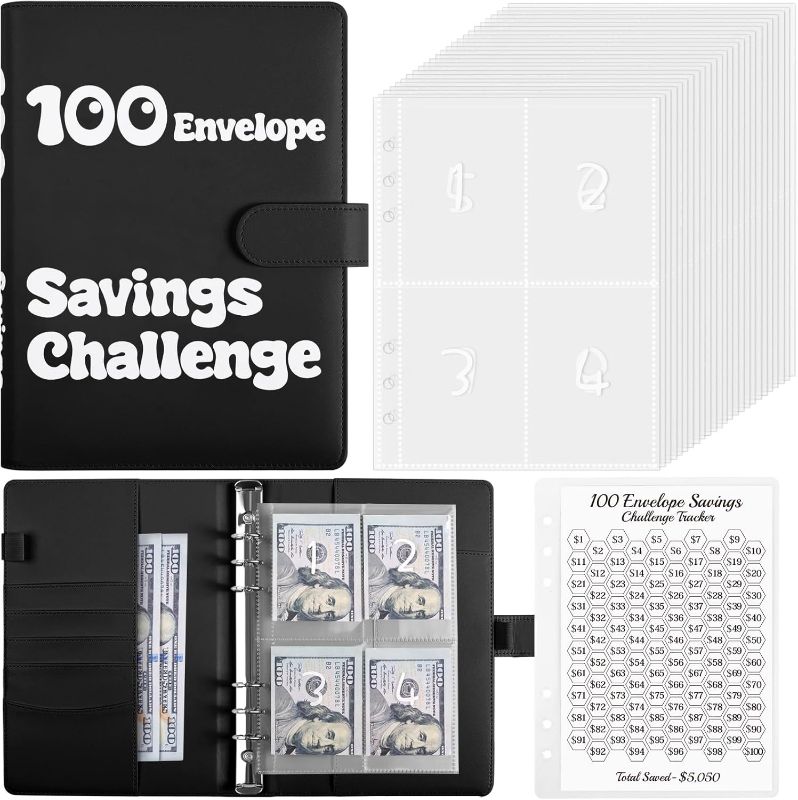 Photo 1 of 100 Envelopes Money Saving Challenge Binder, A5 Savings Budget Binder with 25 Cash Envelopes, Envelope Savings Challenge Book for Organizing and Saving $5050, Black