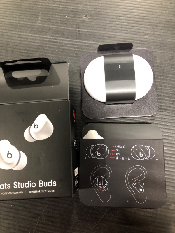 Photo 1 of Beats Studio Buds - True Wireless Noise Cancelling Earbuds - Compatible with Apple & Android, Built-in Microphone, IPX4 Rating, Sweat Resistant Earphones, Class 1 Bluetooth Headphones - White White Studio Buds Without AppleCare+