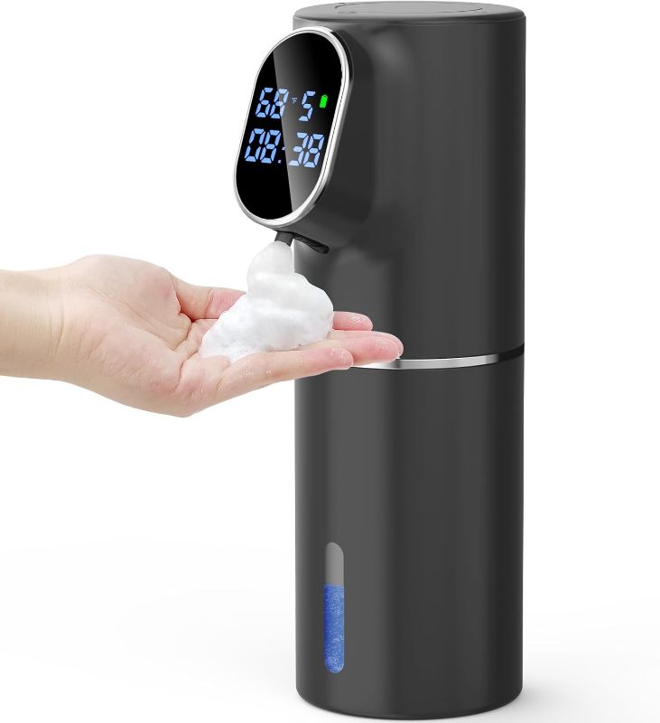 Photo 1 of Automatic Soap Dispenser 5-Level Adjustment IPX6 Water-Resistant Foam Soap Dispenser LED Time and Temperature Display Rechargeable Auto Foaming Dispensers for Bathroom and Kitchen (Foam-Black)
