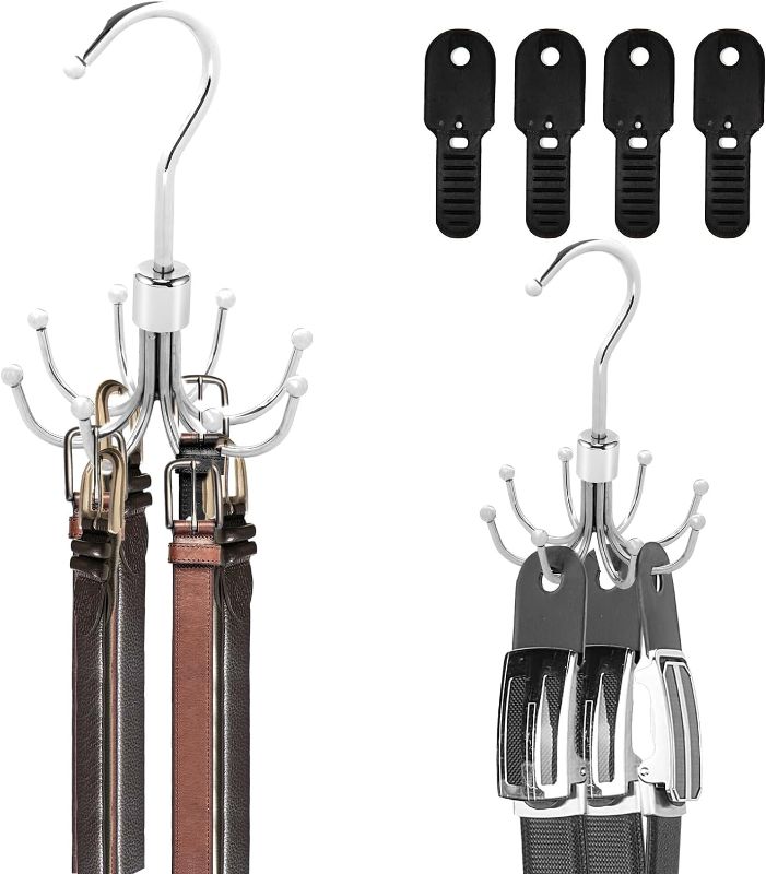 Photo 1 of Belt Hanger, Portable Belt Organizer for Closet, (6.5 Inches) Tie Rack Belt Rack with 360° Rotating, Silver Metal Holder Storage with 8-Claws Hook for Hanging Belts,Ties,Hats,Bras etc- 2 pack 
