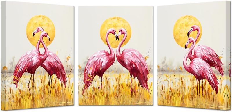 Photo 1 of KREATIVE ARTS 3 Pieces Pink Flamingo Wall Art Love Birds with Full Moon Pictures Canvas Prints Wildlife Landscape Painting for Bedroom Bathroom Decorations Christmas Gifts Each Panel 12"x16"
