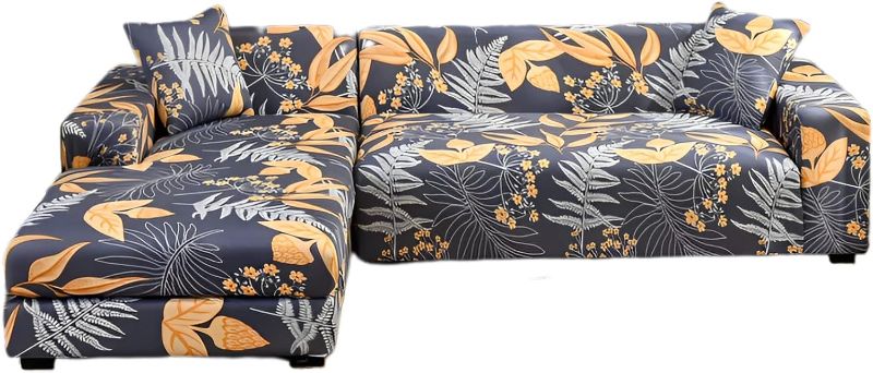 Photo 1 of 2pcs Sectional Couch Covers for Sectional Sofa L Shape, Printed Sofa Covers for L Shaped Couch, Stretch Furniture Covers for Living Room with 2pcs Pillow Covers (Grey Yellow Leaves)

