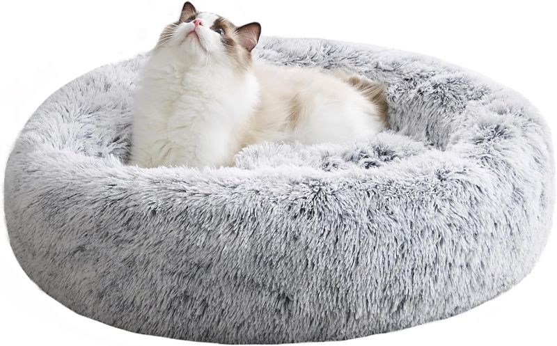 Photo 1 of Western Home Faux Fur Original Calming Dog & Cat Bed for Small Medium Large Pets, Indoor Cats, Anti Anxiety Donut Cuddler Round Warm Washable (20", Light Grey)
