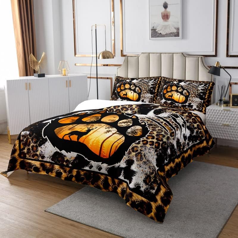 Photo 1 of Feelyou Cow Fur Coverlet Set Wild Animal Bear Paw Bedspread Nature Deer Leopard Print Quilted Coverlet Rustic Cabin Country Black Quilted kig size
