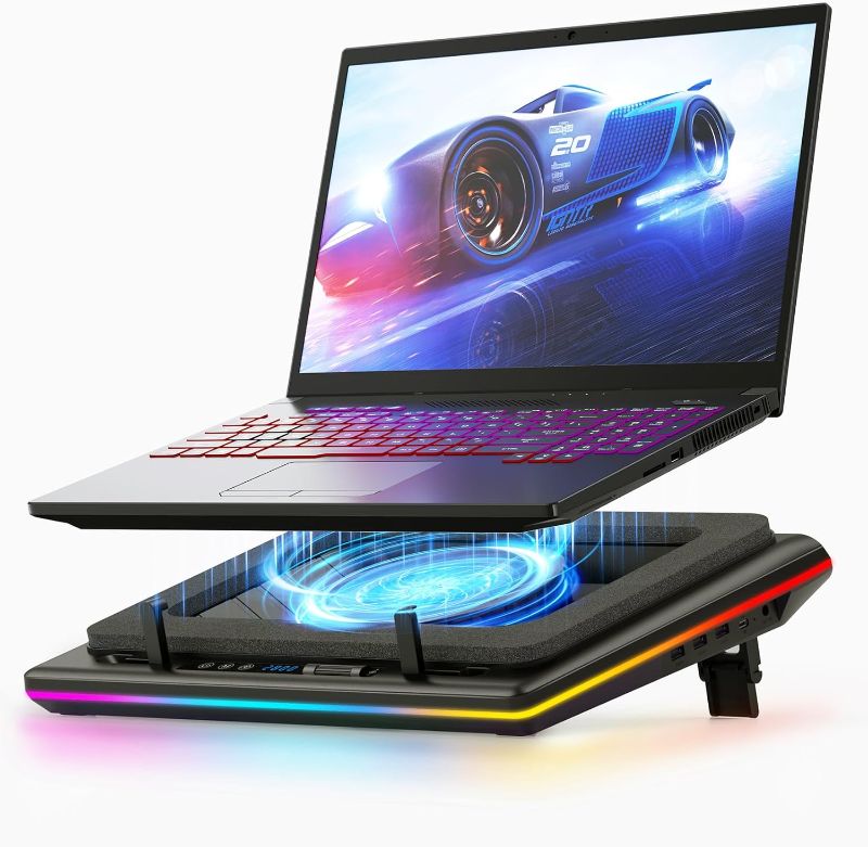 Photo 1 of 2023 New Gaming Laptop Cooling Pad with Powerful Turbofan, RGB Laptop Cooler Radiator with Infinitely Variable Speed, Touch Control, LCD Screen, 3-Port USB, Seal Foam for Rapid Cooling Laptop 15-19in V12(Hub+RGB)