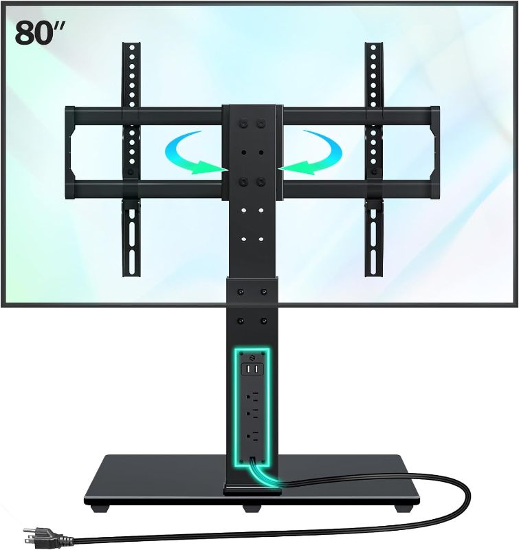 Photo 1 of Greenstell TV Stand with Power Outlet, Universal TV Mount Stand for 37-80 inch TVs, Height Adjustable, Swivel Table Top TV Stand with Tempered Glass Base, Holds up to 100 LBs, Max VESA 600x400mm
