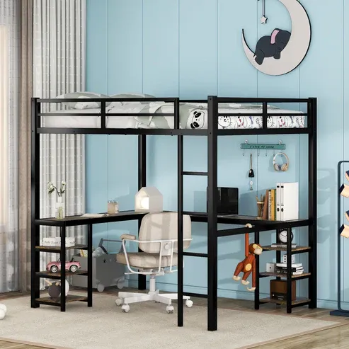 Photo 1 of Full Metal Loft Bed With Desk And Shelves, Loft Bed

