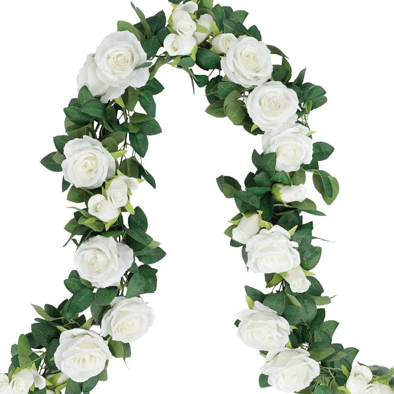 Photo 1 of COCOBOO 26.2ft 4pcs White Rose Garland, Artificial Flower Vines, Fake Silk White Rose Garland, Hanging Floral Garland for Wedding Arch Ceremony Home Garden Outdoor Wall Decorations
