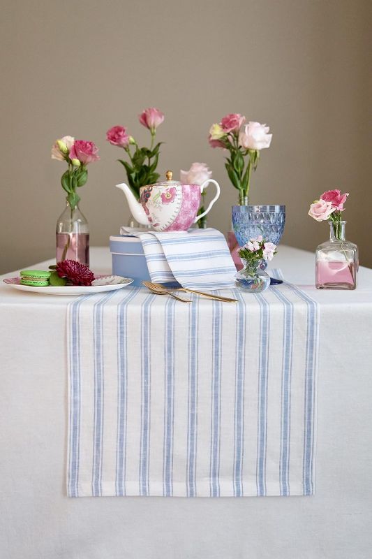 Photo 1 of Solino Home Stripe Linen Table Runner – 100% Pure Linen Sky Blue and White Table Runner 14 x 36 Inch 