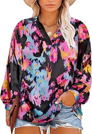 Photo 1 of Eytino Plus Size Tops for Women Boho Floral Print V Neck Long 3XL