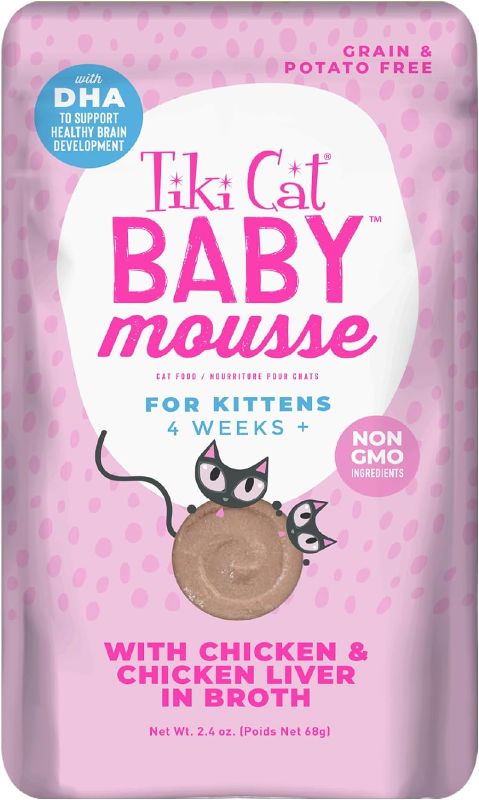 Photo 1 of Tiki Cat Baby, Chicken and Chicken Liver, Grain-Free and Nutrient Rich, Wet Cat Food for Kittens 4 Weeks+, 2.4 oz. Pouch (Pack of 12) EXP 11/13/2025