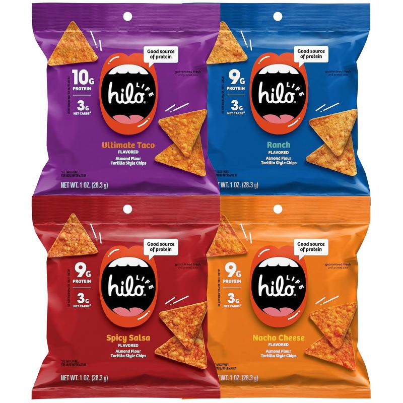 Photo 1 of Hilo Life Low Carb Keto Friendly Tortilla Chip Snack Bags, Variety Pack, 1 Ounce (Pack of 12) EXP 07/12/2024
