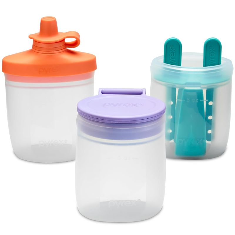 Photo 1 of Pyrex Littles (6-PC) Silicone Baby Toddler Feeding Set, 5 OZ Pouches and Lids For Food & Beverage, Airtight Leak-Proof, BPA Free Non-Breakable Dishwasher Safe, Ages 6 Months +
