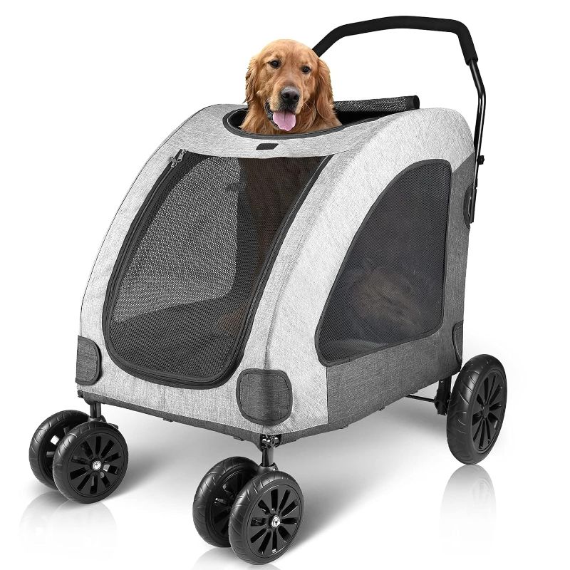 Photo 1 of Dog Stroller for Large Dogs, Breathable Space, Waterproof Oxford Cloth & Storage Bag, Detachable Folding, Lightweight 4 Rubber Wheel Pet 2 Medium Dogs Up to 120lbs, Grey