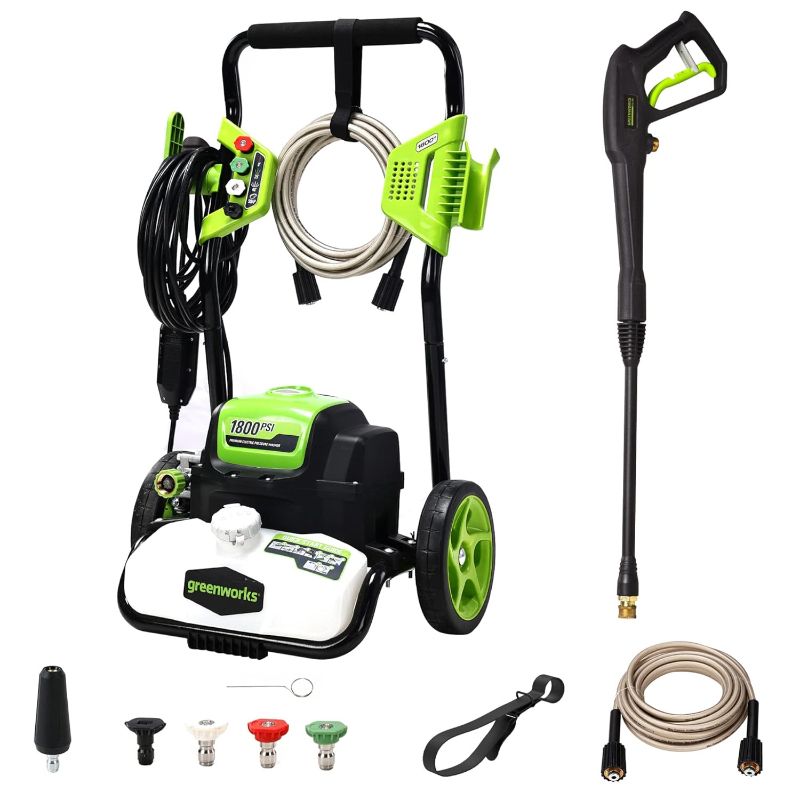 Photo 1 of Greenworks 1800 PSI 1.2 GPM Pressure Washer (Open Frame) PWMA Certified & High Pressure Soap Applicator Universal Pressure Washer Attachment Pressure Washer + Soap