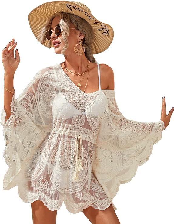 Photo 1 of Women's Floral Scallop Hem Cover Up Sheer Mesh Sleeveless Swimsuit Cover Up NOT SAME COLOR AS STOCK OS