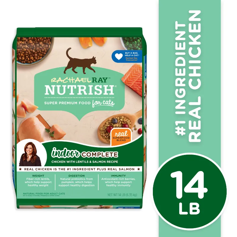 Photo 1 of Rachael Ray Nutrish Indoor Complete Chicken with Lentils & Salmon Recipe Natural Dry Cat Food, 14-lb bag EXP 07/20/2024