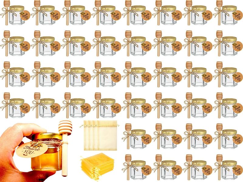 Photo 1 of Adabocute 40 Pack Mini Honey Jars - Honey Pot With Honey Dipper, Bee Pendants, Jutes, Tags and Gift Bags - Perfect For Baby Shower Favors and Wedding Favors 