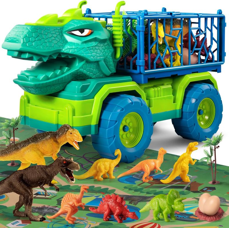 Photo 1 of Limited-time deal: TEMI Dinosaur Truck Toys for Kids 3-5 Years, Tyrannosaurus Transport Car Carrier Truck with 8 Dino Figures, Activity Play Mat, Dinosaur Eggs, Trees, Capture Jurassic Play Set for Boys and Girls 