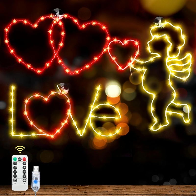 Photo 1 of 3 Pcs Valentine's Day Window Lights Red Heart LED Neon Lights Love Silhouette Signs Cupid Indoor String Light Decoration with Remote and USB Powered for Party Night Wedding Gift Window