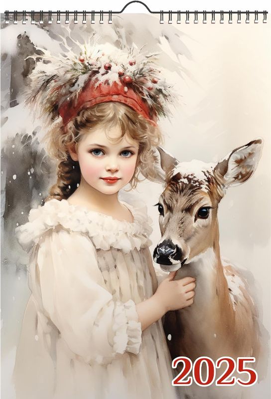 Photo 1 of 2025 Wall Calendar [12 pages 8"x12"] Pretty Girls with Cute Deer in the Snowy Forest Vintage Christmas Book Illustration Poster 