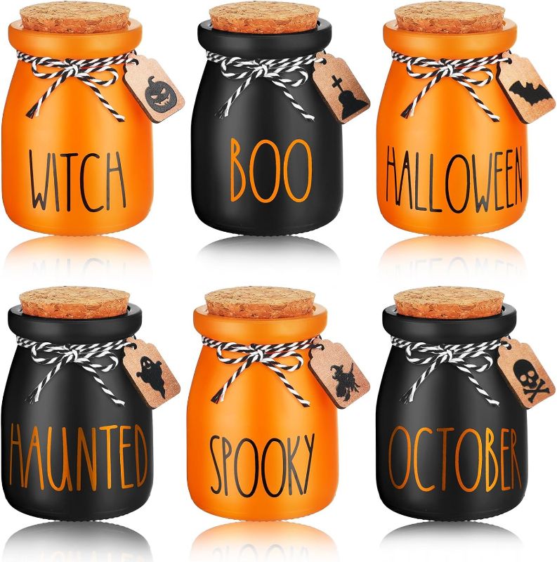 Photo 1 of Umigy 6 Set Halloween Mini Mason Jars Halloween Tiered Tray Decor Ghost Bat Pumpkin Small Glass Jars with Lids Wood Tags and String October Boo Mason Jars for Centerpieces Kitchen Table Party Supplies 