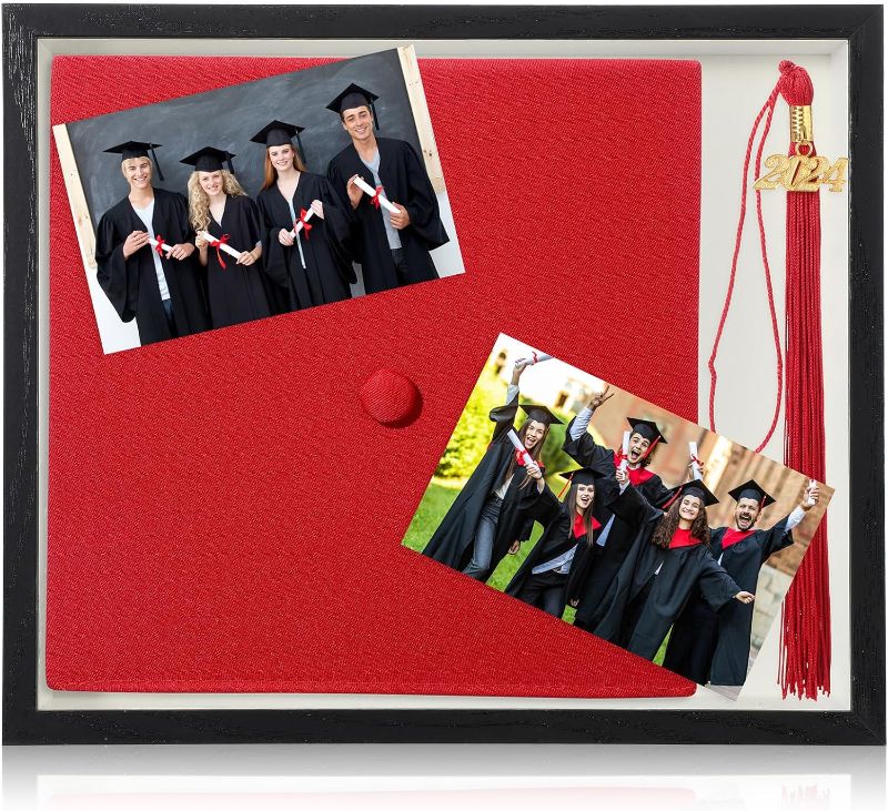 Photo 1 of 2024 Graduation Shadow Box Set 11.8 x 9.8 Inch Wooden Frame with Graduation Cap Tassel DIY Paper Flowers Diamond Sticker Decoration for Wall and Tabletop (Red)