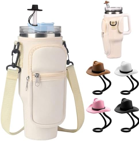 Photo 1 of  URSKYTOUS 4Pcs Water Bottle Carrier Bag with Pouch for Stanley 40oz Tumbler with Handle Stanley Cup Holder with Strap Water Bottle Holder Silicone Straw APRICOT 