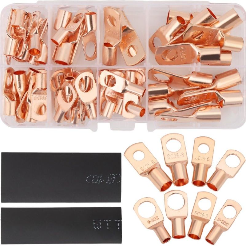 Photo 1 of Homaisson 140 PCS Copper Wire Lug Kit, 60 Copper Wire Lugs and 80 Heat Shrink Tubes, Terminal Connectors AWG12 to AWG4, Battery Cable Lug Ends for Vehicles, Home Appliances, Distribution Boxes