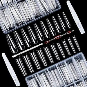 Photo 1 of 400Pcs Extra Long Coffin Nail Tips, XXL Long C Curve 10 Sizes 2 Shapes Clear Acrylic Nail Straight Tapered Square Extension Tips Half and Full Cover False Nail Tips for Salons and DIY Nail Art 