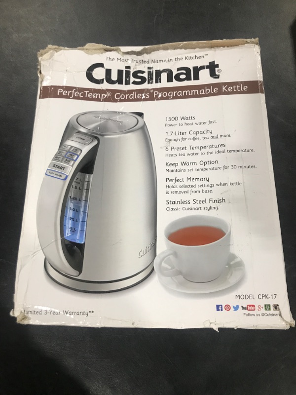 Photo 2 of Electric Kettle by Cuisinart, 1.7-Liter Capacity, Cordless 1500-Watts for Fast Heat Up, Stay Cool Non-Slip Handle, Stainless Steel, CPK-17P1 Premium Stainless Steel