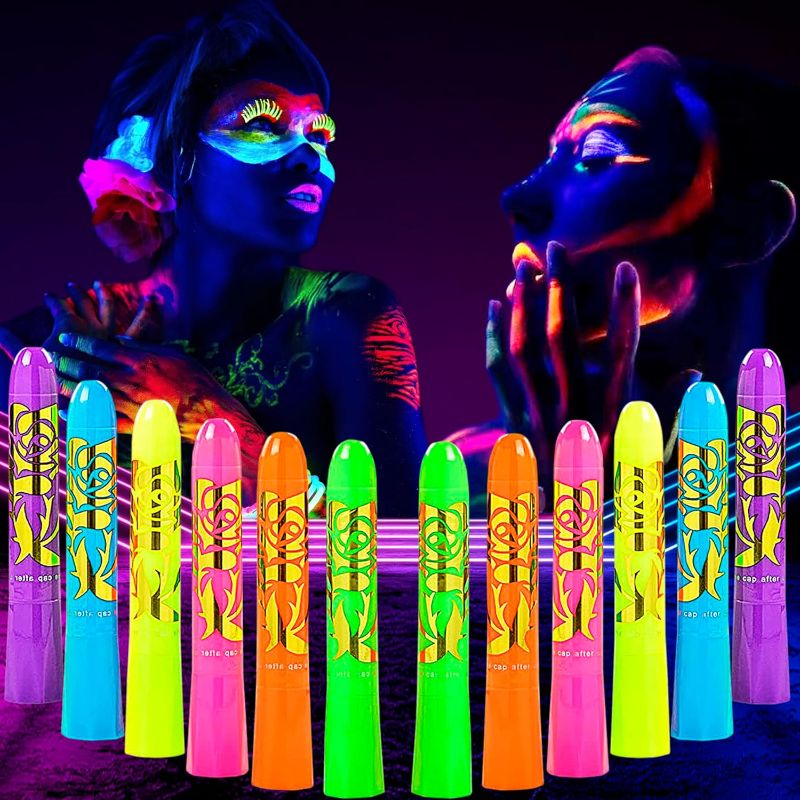 Photo 1 of 12 PCS Glow in The Black Light Face & Body Paint UV Neon Glow Fluorescent Face Paint Crayons for Halloween Club Makeup Xmas Glow Party Colored Paint Kit for Women Girls
