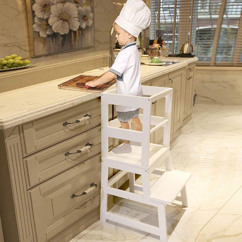 Photo 1 of  Kitchen Step Stool for Toddlers with Non-Slip Mat, WOOD CITY Wooden Kids Montessori Learning Stool Tower, Toddler Standing Tower Helper for Kitchen Counter and Bathroom Sink(White) 