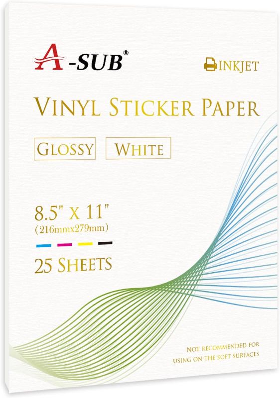 Photo 1 of A-SUB 25 Sheets Vinyl Sticker Paper for Inkjet Printer - Glossy Printable Vinyl 8.5x11 Inch Waterproof Sticker Paper for DIY Any Decal You Like