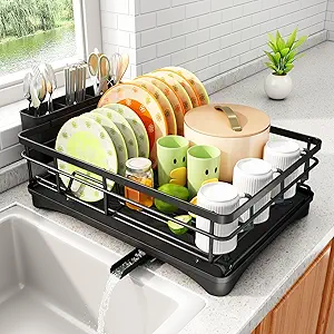 Photo 1 of Dish Drying Rack - Stainless Steel Dish Rack for Kitchen Counter, Large-Capacity Dish Drainer with Cutlery Holder, Kitchen Organizer for Dishes, Spoons and Forks, Black
