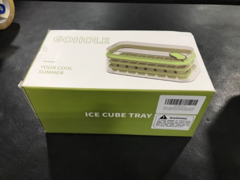 Photo 2 of Ice Cube Tray Set with Lid and Bin, 2 Pack of Ice Cube Trays with 64 Ice Cube Molds for Freezing (Purple)