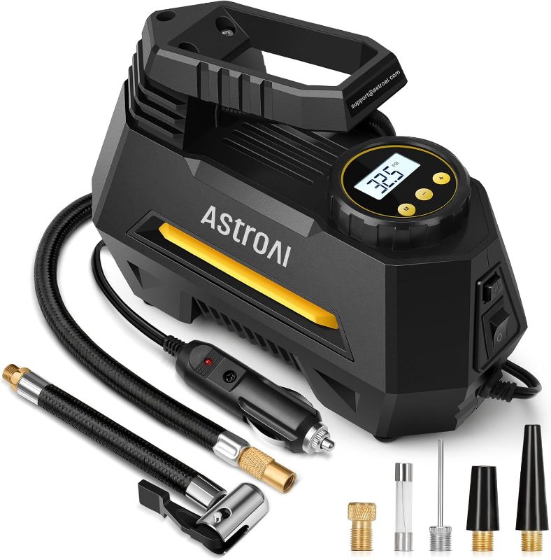 Photo 1 of AstroAI Tire Inflator Portable Air Compressor Tire Air Pump for Car Tires - Car Accessories, 12V DC Auto Pump with Digital Pressure Gauge, Emergency LED Light for Bicycle, Balloons, Yellow
