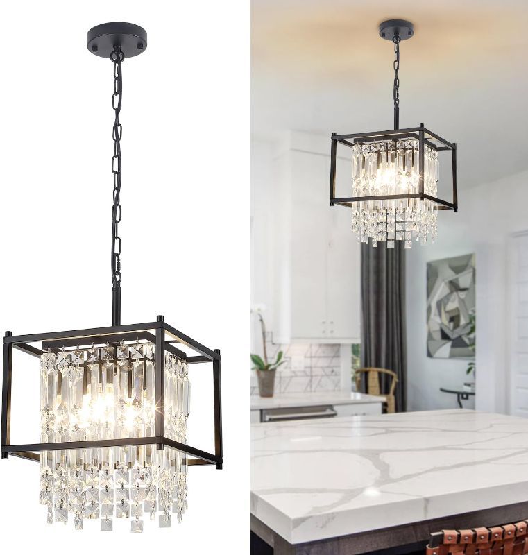 Photo 1 of Black Crystal Chandeliers for Dining Room Light Fixture 4 Lights Square Crystal Ceiling Light 11.8" Modern Farmhouse Crystal Pendant Lighting for Kitchen Island Living Room Bedroom Foyer
