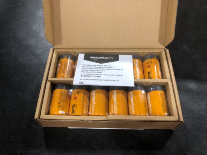 Photo 1 of Amazon Basics 12-Pack D Cell Alkaline All-Purpose Batteries, 1.5 Volt, 5-Year Shelf Life 12 Count (Pack of 1)