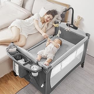 Photo 1 of  Pack and Play, Baby Bassinet Bedside Sleeper with U-Shaped Diaper Changer, Portable Baby Playard for Newborn Toddlers, Baby Crib with 4 Adjustable Height, Carry Bag, Easy to Install (Grey)