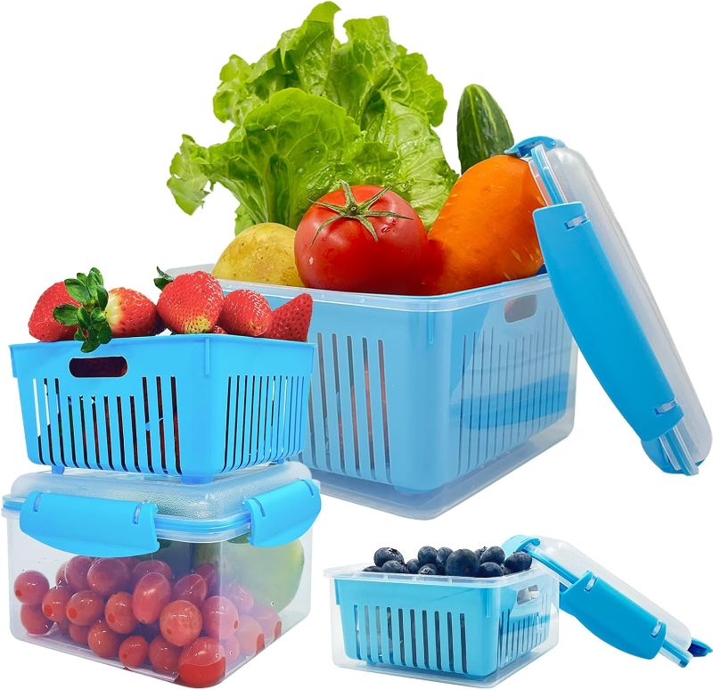 Photo 1 of 3PC Fruit Storage Containers for Fridge with Removable Colanders,Plastic Fridge Organizer for Vegetable Fruit Meat,Food Storage Containers with Lid for Salad Berry Vegetables Meat Keeper (Blue)