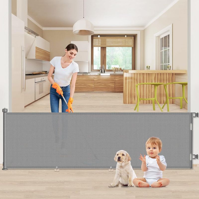 Photo 1 of 120 inch Retractable Baby Gates, EZIGO Extra Wide Baby Gate for Large Openings Extra Long Baby Gates for Kids or Pets Dog Gate Child Safety Gate for Stairs Hallways Doorway Indoor Outdoor, Gray 