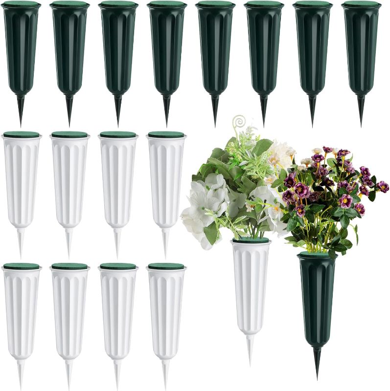 Photo 1 of 16 Pcs Memorial Floral Vases with Foam, Plastic Cemetery Memorial Grave Flute Flower Vases Cone Flower Holder for Outdoor Memorial Flower Vase for Grave Decorations, Green and White