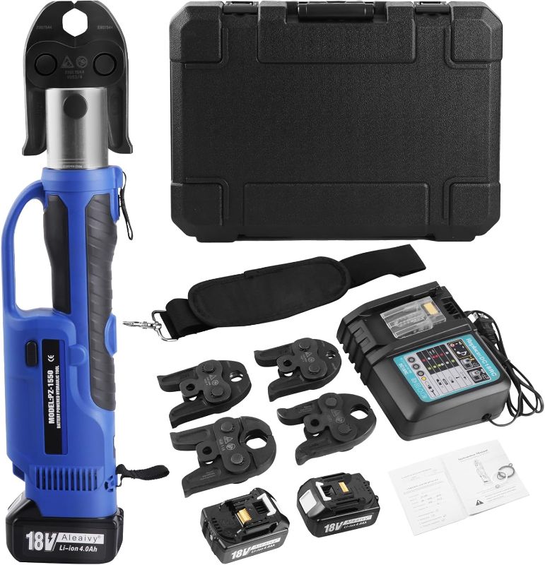 Photo 1 of  Pro Press Tool 18V hydraulic crimping kit with 1/2", 3/4", 1", and 1-1/4" Pro Press Jaws for Stainless Steel/Copper/PEX Pipes, Pipe Press Tool Kit with 2 Battery, Fast Charger & Carrying Case